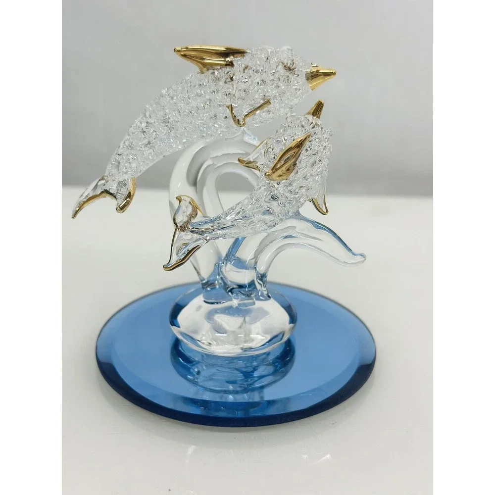 Spun Glass Dolphin Porpoise Figurine Ornament Mirror Base 24K Gold